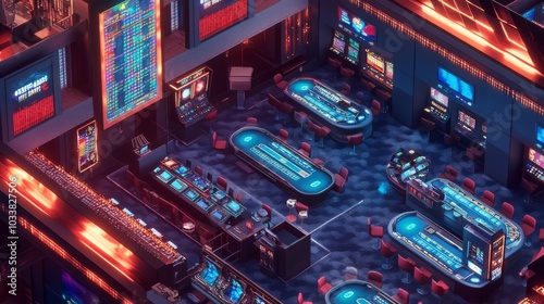 Isometric casino interior with grid layout and industrial materials photo