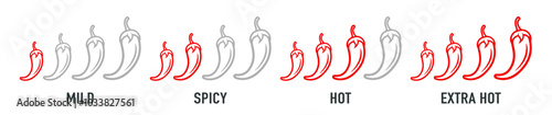Spice level marks: mild, spicy, hot and extra hot. Symbol of pepper with fire. Vector spicy food mild and extra hot sauce, chili pepper red icons