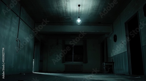 Dark empty room with single flickering light bulb casting long shadows, emphasizing absence of power and eerie atmosphere, minimalist setting with focus on light bulb's glow.