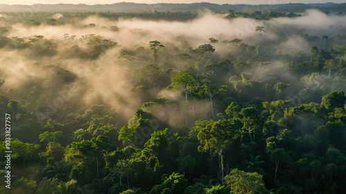 A vibrant, lush green forest where fog elegantly drifts out from the trees