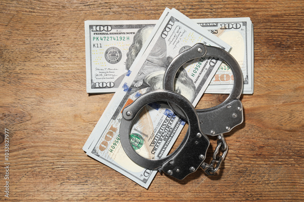 Handcuffs with dollar banknotes on wooden table, flat lay Handcuffs with dollar banknotes on wooden table, flat lay