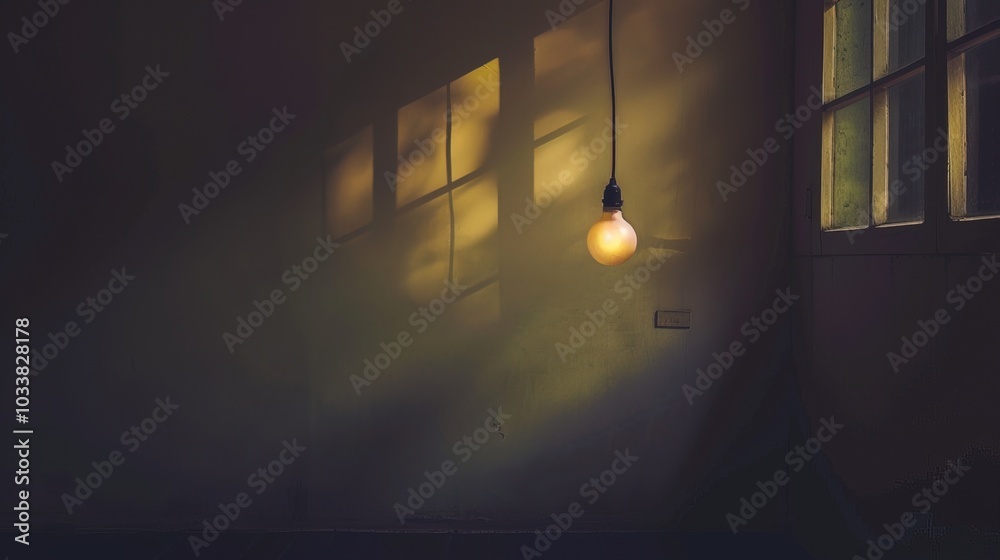 Dark empty room with single flickering light bulb casting long shadows, emphasizing absence of power and eerie atmosphere, minimalist setting with focus on light bulb's glow. Dark empty room with single flickering light bulb casting long shadows, emphasizing absence of power and eerie atmosphere, minimalist setting with focus on light bulb's glow.