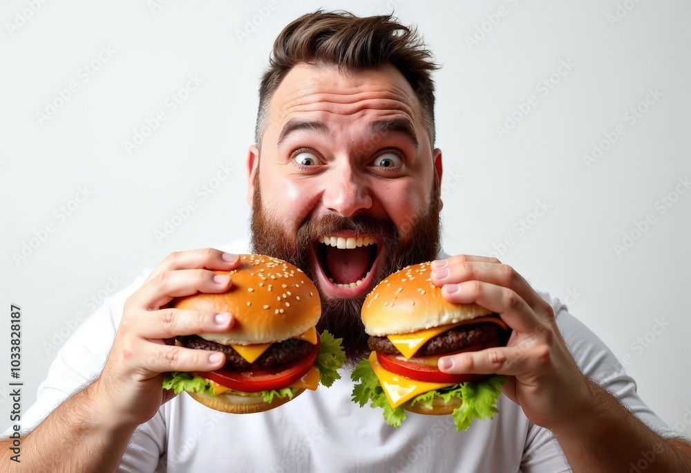Man Holding Two Burgers with Excited Expression . Man Holding Two Burgers with Excited Expression .