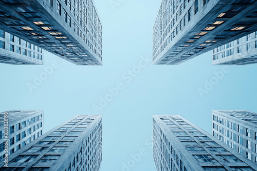 Growing skyscrapers linked by global supply chain icons, economic growth concept