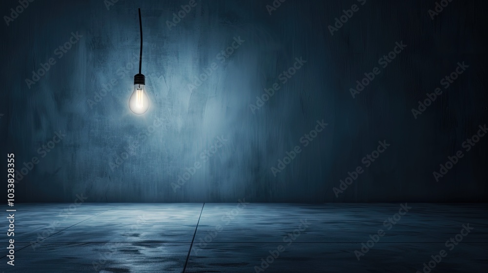Dark empty room with single flickering light bulb casting long shadows, emphasizing absence of power and eerie atmosphere, minimalist setting with focus on light bulb's glow. Dark empty room with single flickering light bulb casting long shadows, emphasizing absence of power and eerie atmosphere, minimalist setting with focus on light bulb's glow.