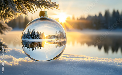 Beautiful transparent thick glass ball for Christmas tree, lies on snow.