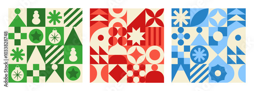 Geometric set monochrome seamless patterns. Trendy abstract swiss background. Red, blue and green colors. Vector illustration	