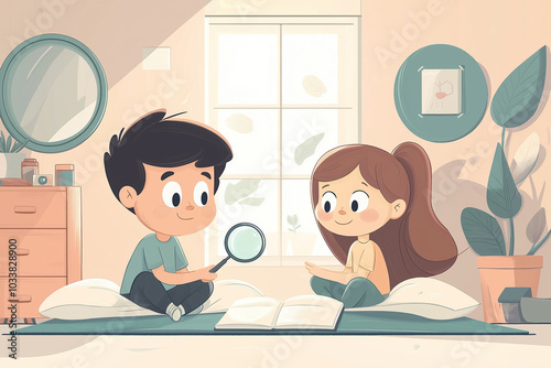 A cute illustration of a boy and a girl sitting on a bed, engaged in learning. The boy holds a magnifying glass, while the girl looks on happily. 