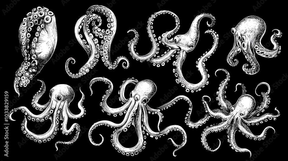 Octopus tentacle set sketch engraving illustration. T-shirt apparel print design. Scratch board imitation. Black and white hand drawn image Octopus tentacle set sketch engraving illustration. T-shirt apparel print design. Scratch board imitation. Black and white hand drawn image
