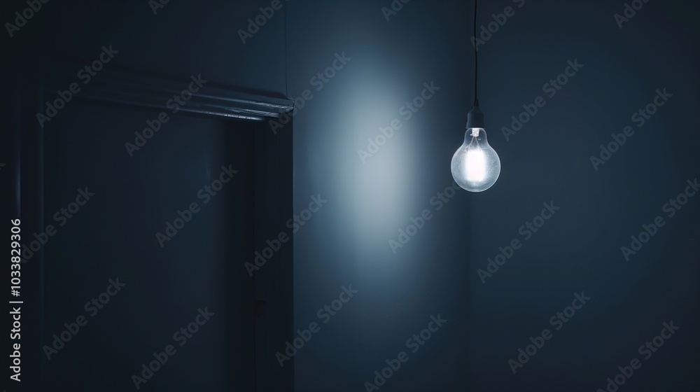 Dark empty room with single flickering light bulb casting long shadows, emphasizing absence of power and eerie atmosphere, minimalist setting with focus on light bulb's glow. Dark empty room with single flickering light bulb casting long shadows, emphasizing absence of power and eerie atmosphere, minimalist setting with focus on light bulb's glow.