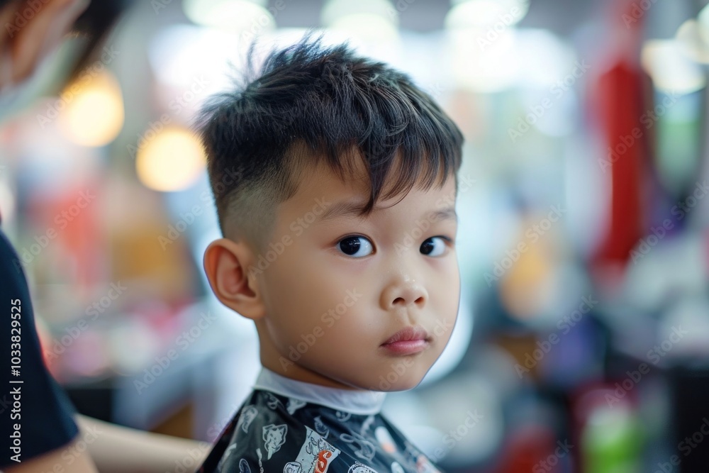 Asian boy getting a haircut in barber portrait photo baby. Asian boy getting a haircut in barber portrait photo baby.