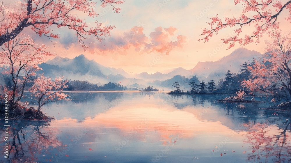 Cherry blossom trees in pink hues frame a glassy lake, reflecting the sunset sky and misty mountains in the background Cherry blossom trees in pink hues frame a glassy lake, reflecting the sunset sky and misty mountains in the background