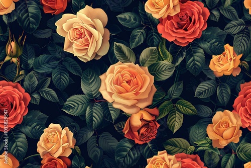 A bunch of orange and yellow roses with green leaves