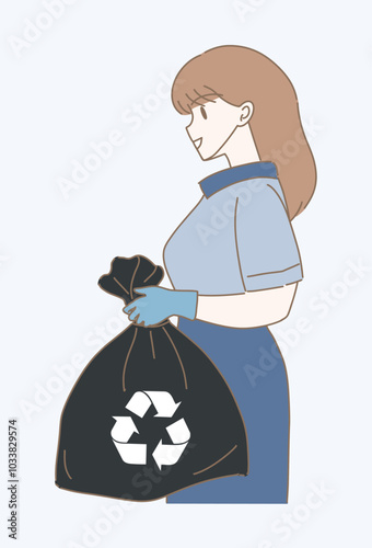 Woman holding trash bag. Volunteer carrying garbage bag. Recycle icon isolated. Hand drawn flat cartoon character vector illustration.