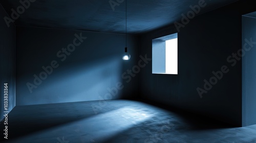 Dark empty room with single flickering light bulb casting long shadows, emphasizing absence of power and eerie atmosphere, minimalist setting with focus on light bulb's glow.