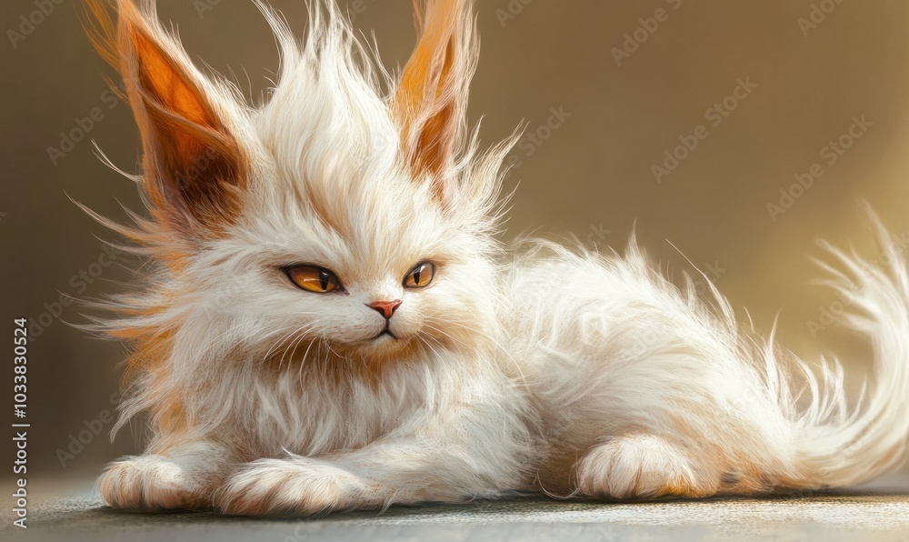 Fluffy White Fantasy Cat with Majestic Ears Fluffy White Fantasy Cat with Majestic Ears