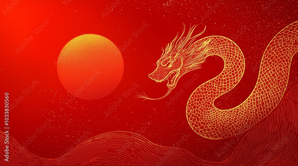 Illustration of a dragon in red tones with a sun in a mystical setting. Illustration of a dragon in red tones with a sun in a mystical setting.
