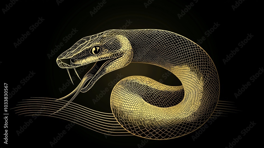 Fototapeta premium Illustration of a snake with intricate patterns on a black background.