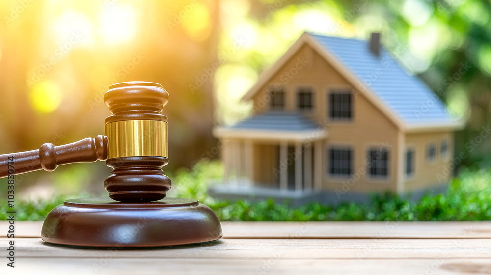 Judge gavel, house and green nature on background. Auction and real estate concept. Foreclosure, bankruptcy, inability to pay the mortgage concept Judge gavel, house and green nature on background. Auction and real estate concept. Foreclosure, bankruptcy, inability to pay the mortgage concept