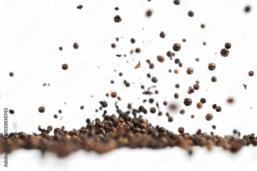 Naklejka premium High-Quality Image of Falling Black Peppercorns Isolated on White Background, Perfect for Culinary and Food Industry Using, Recipe Books, and Cooking Blogs
