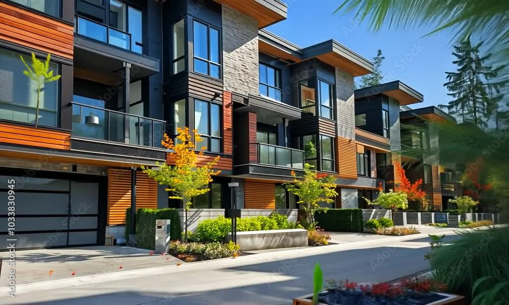 Modern townhouse complex with a paved street, lush greenery, and blue sky. Modern townhouse complex with a paved street, lush greenery, and blue sky.