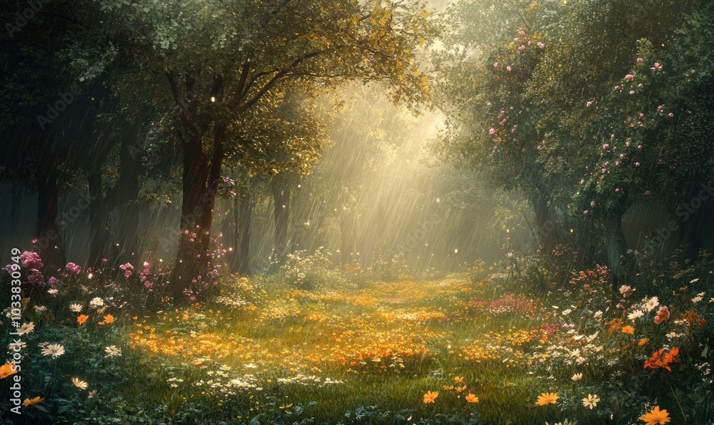 Enchanted Sunrise in Blooming Forest Landscape Enchanted Sunrise in Blooming Forest Landscape