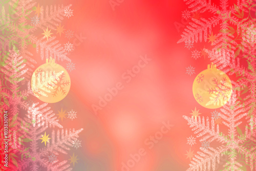 Abstract blurred festive winter christmas or Happy New Year background with shiny gold yellow lighted xmas balls or baubles and stars. Copy space. Card concept.