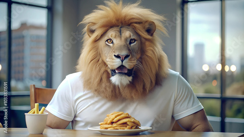 Lion man enjoying fast food meal at restaurant with city view