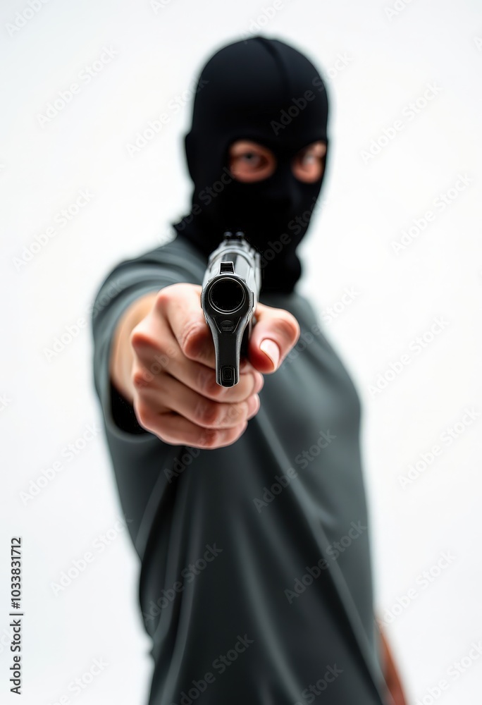 Person in black balaclava pointing gun