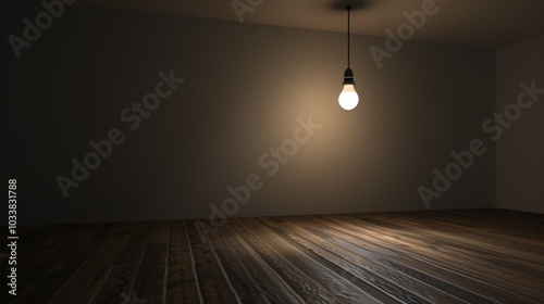 Dark empty room with single flickering light bulb casting long shadows, emphasizing absence of power and eerie atmosphere, minimalist setting with focus on light bulb's glow.