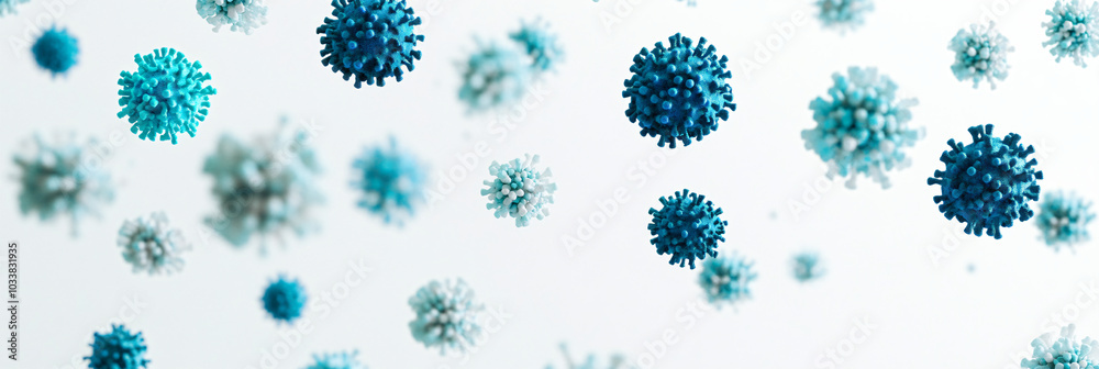 Blue Covid, respiratory virus molecules, on a white background, in the air. Banner template 3d seasonal flu, rotavirus, pandemic and epidemic formation, advertising and news Blue Covid, respiratory virus molecules, on a white background, in the air. Banner template 3d seasonal flu, rotavirus, pandemic and epidemic formation, advertising and news
