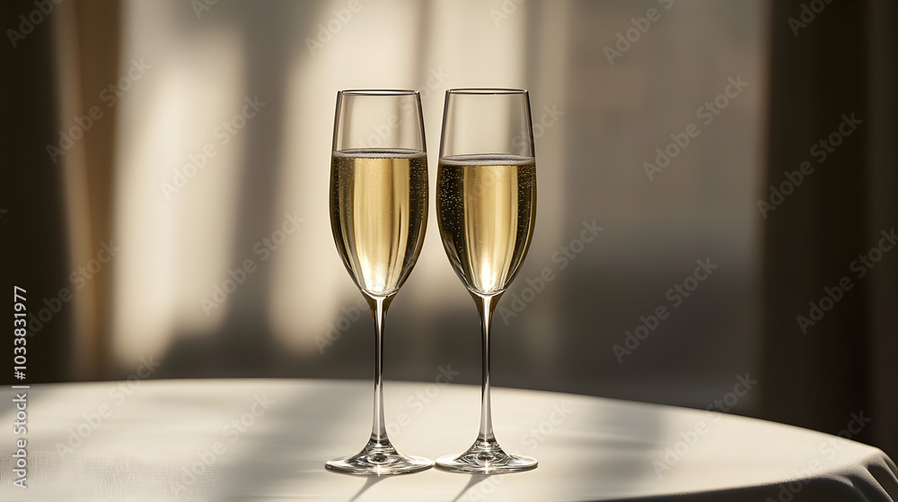 Champagne glasses standing on a table with a white tablecloth.