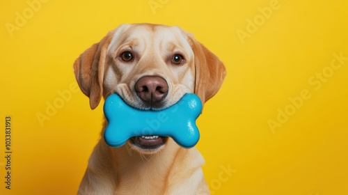 Labrador Retriever Holding Blue Bone Toy Against Bright Yellow Background
 photo