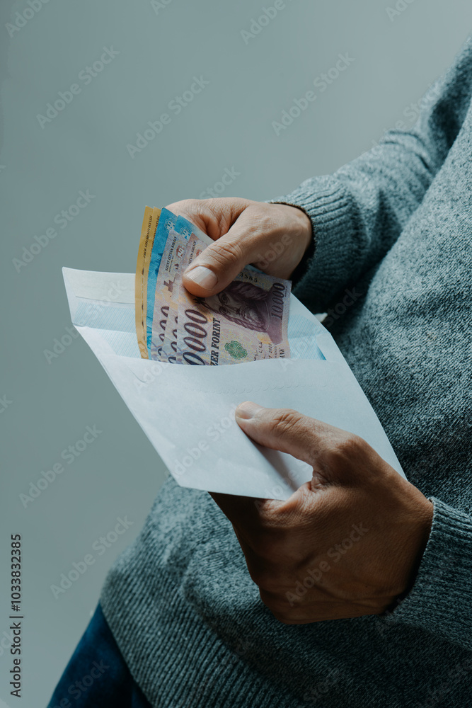 man taking out or puting some forints into an envelope