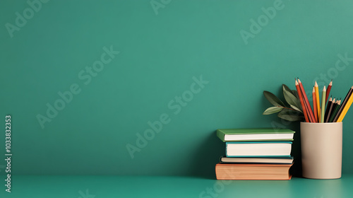 Wallpaper Mural A cozy workspace featuring stacked books, a cup of colored pencils, and a teal background, perfect for studying or creative activities. Torontodigital.ca