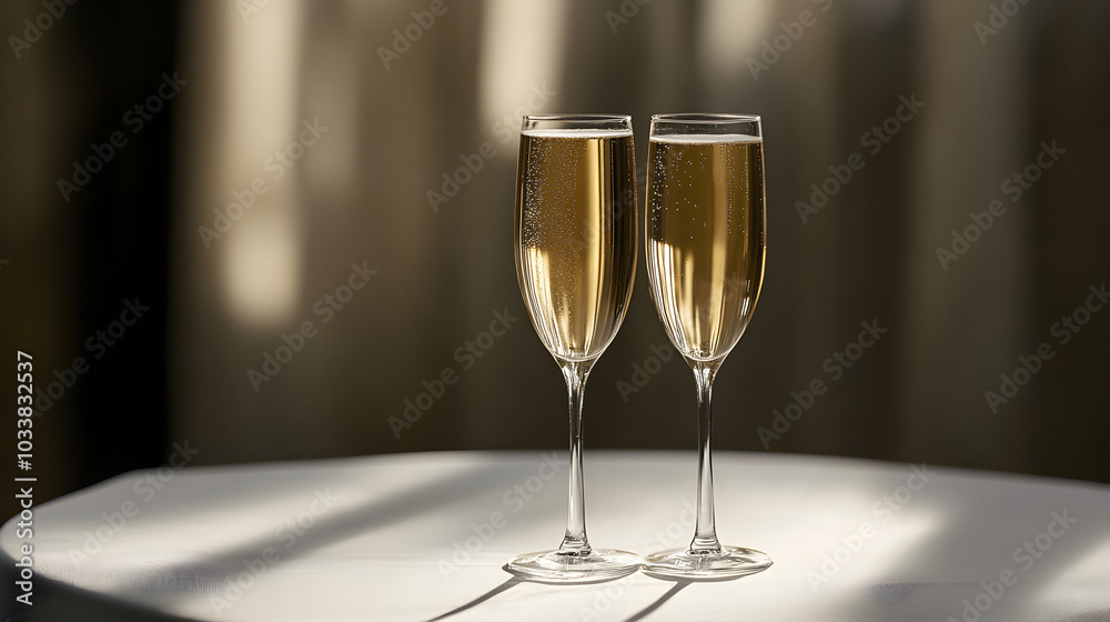 Champagne glasses standing on a table with a white tablecloth. Champagne glasses standing on a table with a white tablecloth.