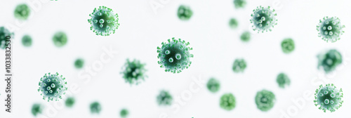 Green Covid, respiratory virus molecules, on a white background, in the air. Banner template 3d seasonal flu, rotavirus, pandemic and epidemic formation, advertising and news photo