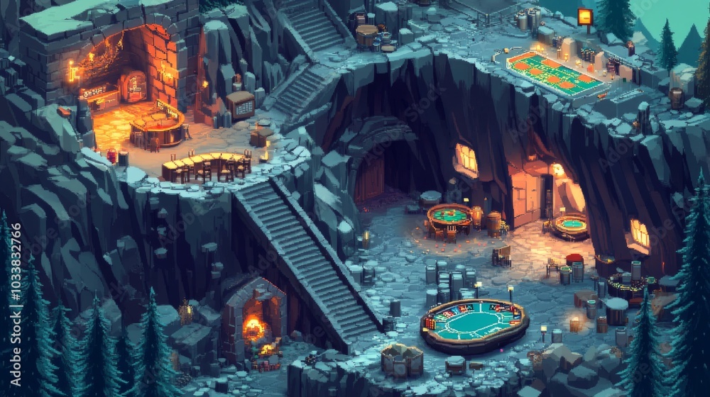 Obraz premium Mountain cave casino with pixel art poker goat racing troll regeneration daynight cycle