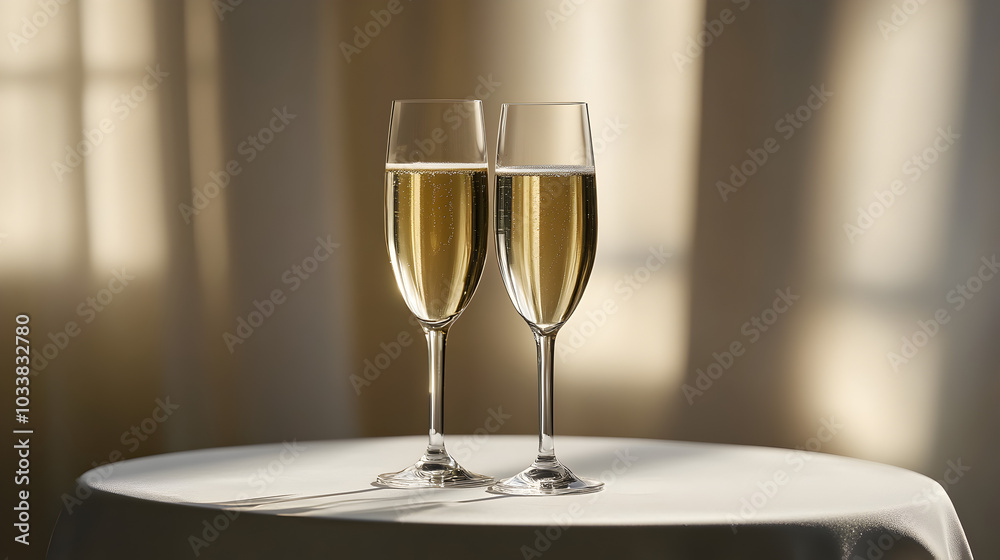 Champagne glasses standing on a table with a white tablecloth. Champagne glasses standing on a table with a white tablecloth.