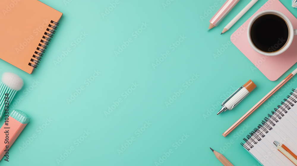 A top view of a workspace featuring stationery items, a coffee cup, and a notepad on a teal background, creating an organized and creative vibe.