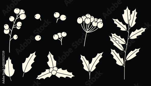 Twigs of holly with berries and leaves. Flat style illustration with light elements isolated on black background.