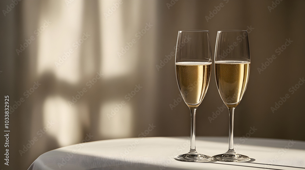 Champagne glasses standing on a table with a white tablecloth. Champagne glasses standing on a table with a white tablecloth.