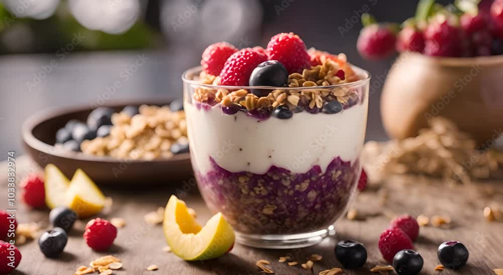 red and black pepper in a bowl, muesli with berries, yogurt with muesli and berries, chocolate mousse dessert red and black pepper in a bowl, muesli with berries, yogurt with muesli and berries, chocolate mousse dessert