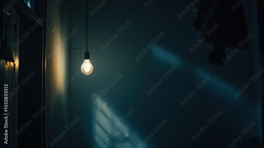 Dark empty room with single flickering light bulb casting long shadows, emphasizing absence of power and eerie atmosphere, minimalist setting with focus on light bulb's glow. Dark empty room with single flickering light bulb casting long shadows, emphasizing absence of power and eerie atmosphere, minimalist setting with focus on light bulb's glow.