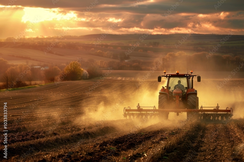 Naklejka premium Tractor cultivating field at spring tractor agriculture outdoors.