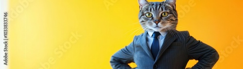 Business-suited cat standing tall, paws on hips, against a bright background, showcasing leadership and charisma, corporate cat, capturing ambition and confidence