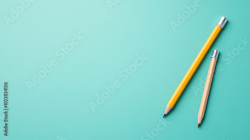 Two pencils, one yellow and one natural wood, placed on a teal background, perfect for educational or creative themes.