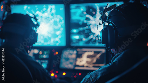 High tech military personnel monitor sonar data on submarine, showcasing advanced technology and teamwork in dimly lit environment. atmosphere is focused and intense photo