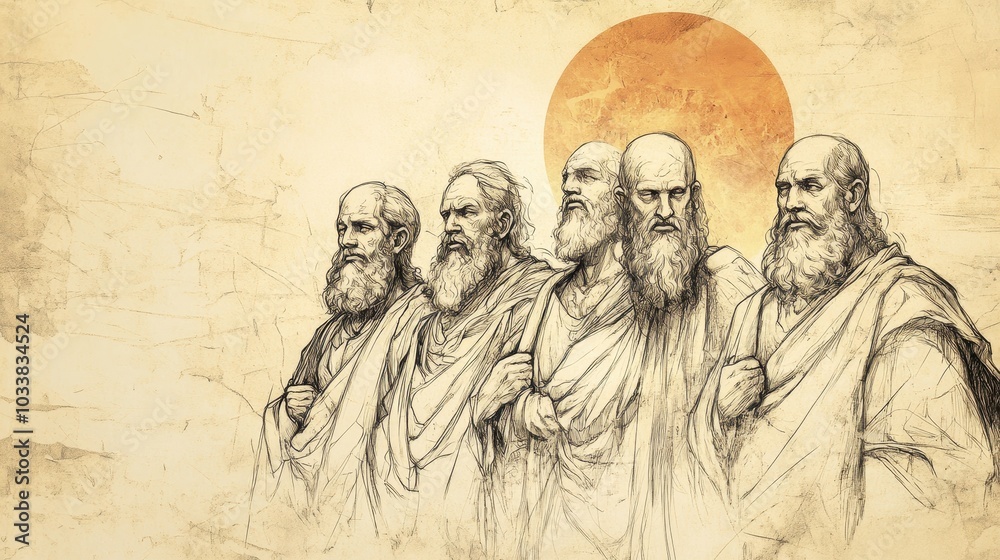 Fototapeta premium A visionary scene from the Book of Zechariah depicting four resolute craftsmen standing shoulder to shoulder their faces determined