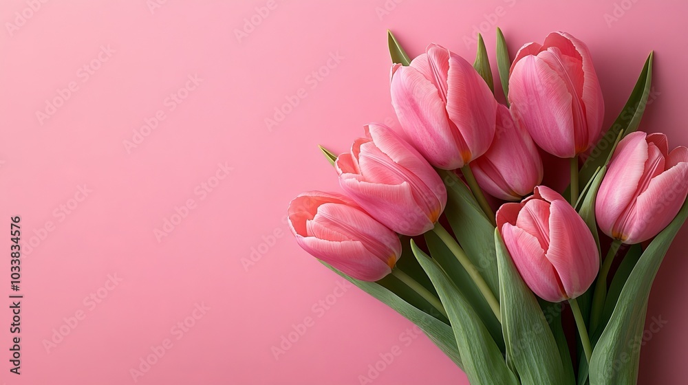 Obraz premium A bouquet of pink tulips on a soft pink background.